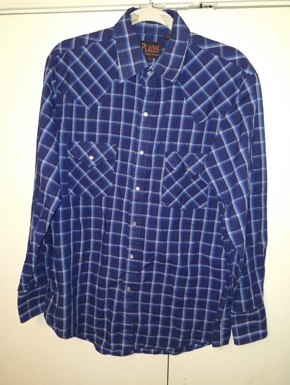 Plains Western Wear Plaid Pearl Snap Long Sleeve Button Up Shirt Men's sz Medium